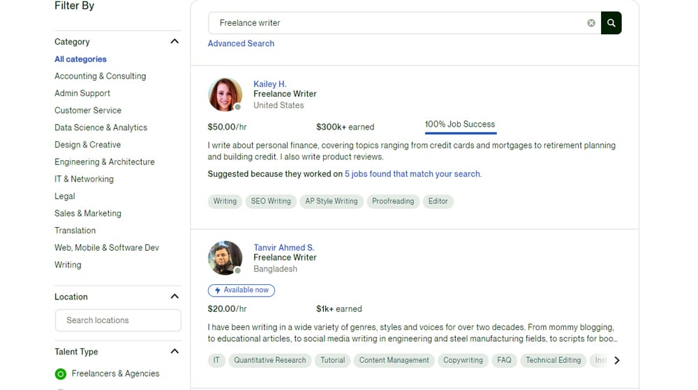 Upwork Freelance Writer Search