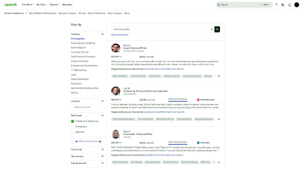 Upwork Technical Writer Search