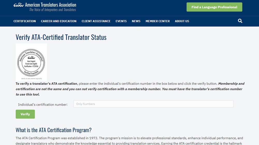 ATA Certified Translator Verification
