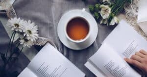 poetry books mug of tea by freelance writer